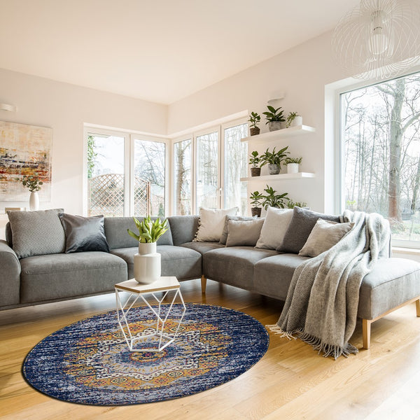 AMER Rugs Manhattan MAN-34 Power-Loomed Medallion Bohemian Area Rug Navy/Orange 6'6" x 6'6"R