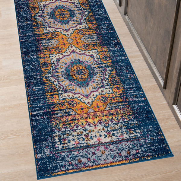 AMER Rugs Manhattan MAN-34 Power-Loomed Medallion Bohemian Area Rug Navy/Orange 2'6" x 6'