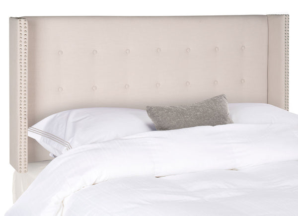 Keegan Taupe Tufted Winged Headboard - Stylish Linen Design with Silver Nailhead Trim for Chic Bedrooms