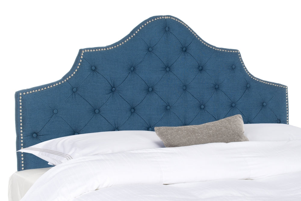 Arebelle Steel Blue Tufted Headboard with Silver Nailhead Trim – Luxurious Designer Bedroom Accent