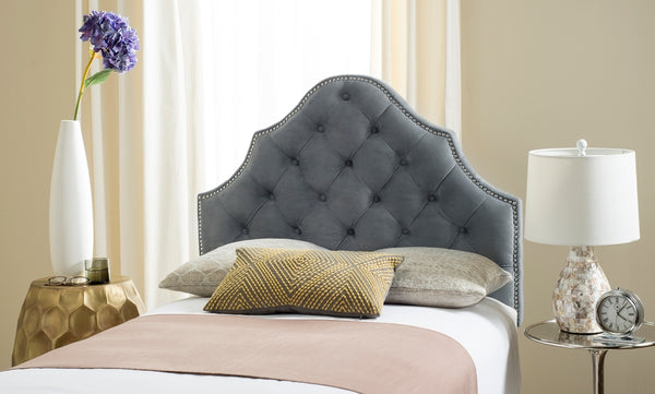 Arebelle Steel Blue Tufted Headboard with Silver Nailhead Trim - Luxurious Designer Bedroom Accent