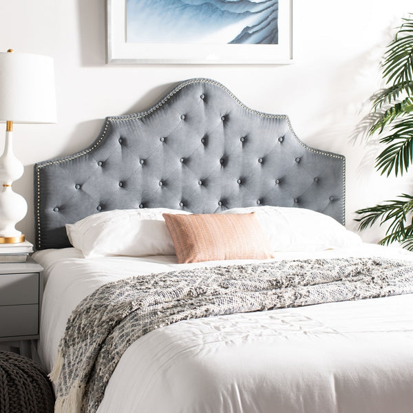 Arebelle Steel Blue Tufted Headboard with Silver Nailhead Trim - Luxurious Designer Bedroom Accent