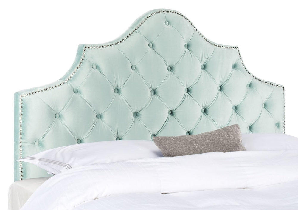 Arebelle Steel Blue Velvet Tufted Headboard with Silver Nailhead Trim for Luxurious Bedrooms