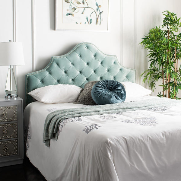 Arebelle Steel Blue Velvet Tufted Headboard with Silver Nailhead Trim for Luxurious Bedrooms