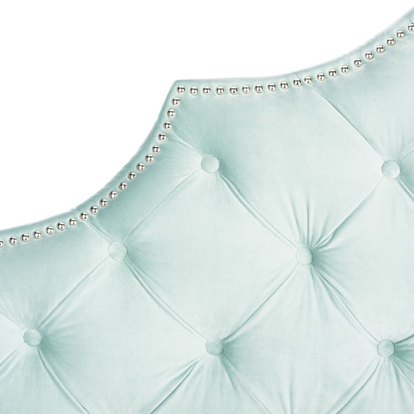 Arebelle Steel Blue Velvet Tufted Headboard with Silver Nailhead Trim for Luxurious Bedrooms
