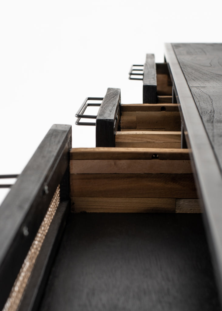 Nordic Mindi Rattan Buffet 5 Doors 3 Drawers in Nordic Black with Mindi, Plywood, Recycled Boat Wood, Split Rattan & Iron