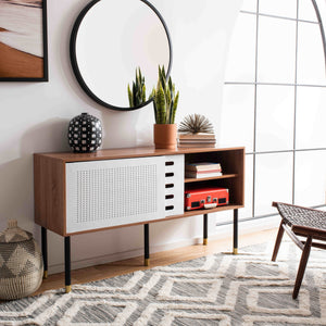 Shiloh Retro-Inspired TV Stand with Luxurious Wood Design and Stylish Gold-Capped Metal Legs