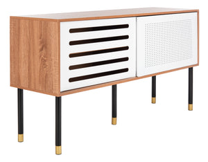 Shiloh Retro-Inspired TV Stand with Luxurious Wood Design and Stylish Gold-Capped Metal Legs