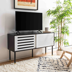 Shiloh Retro-Inspired TV Stand with Luxurious Wood Design and Stylish Gold-Capped Metal Legs