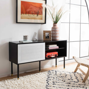 Shiloh Retro-Inspired TV Stand with Luxurious Wood Design and Stylish Gold-Capped Metal Legs