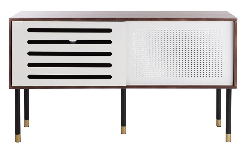 Shiloh Retro-Inspired TV Stand - Elegant Walnut & White Design with Gold-Capped Legs for Living Rooms