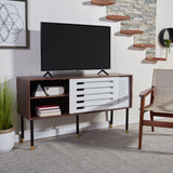 Shiloh Retro-Inspired TV Stand - Elegant Walnut & White Design with Gold-Capped Legs for Living Rooms