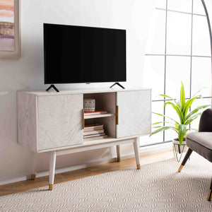 Ligia 2 Door Media Stand - Stylish Contemporary Design with Brass Accents and Hidden Cable Management