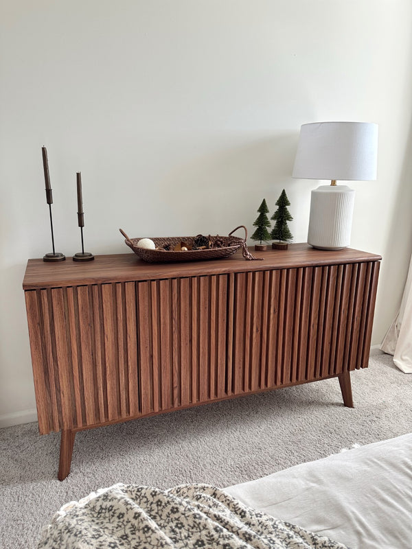 Helena Media Stand: Mid-Century Design with Carved Details to Elevate Your Entertainment Space Elegantly