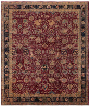 Mughal 100% Wool Pile Rug in Red, Black 12ft-1in x 14ft-5in