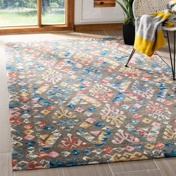 Micro-Loop 351 Contemporary Tufted 100% Wool Pile Rug in Grey, Blue 8ft x 10ft