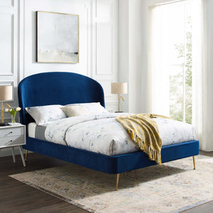 Mira Upholstered Performance Velvet Queen Platform Bed Navy MOD-6131-NAV