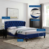 Penelope Tufted Wingback Queen Performance Velvet Platform Bed Navy MOD-6180-NAV