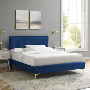 Peyton Performance Velvet Queen Platform Bed Navy MOD-6595-NAV