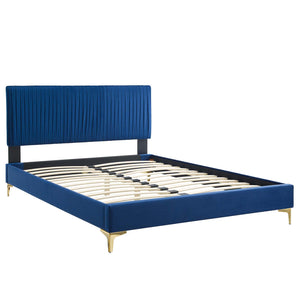 Peyton Performance Velvet Queen Platform Bed Navy MOD-6595-NAV