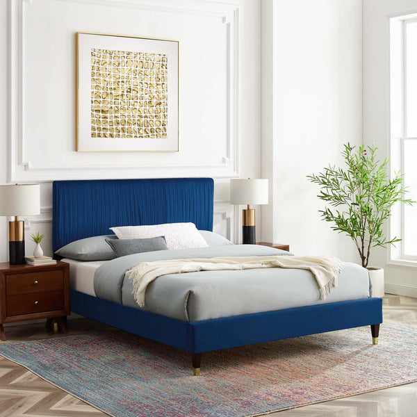 Peyton Performance Velvet Queen Platform Bed Navy MOD-6596-NAV