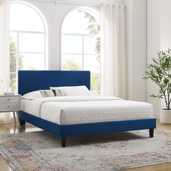Peyton Performance Velvet Queen Platform Bed Navy MOD-6597-NAV