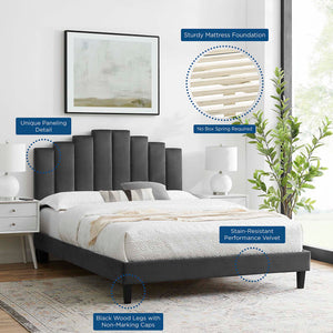 Elise Queen Performance Velvet Platform Bed Charcoal MOD-6692-CHA
