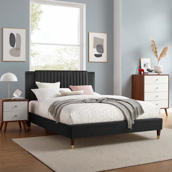 Modway Furniture Zahra Channel Tufted Performance Velvet Queen Platform Bed 0423 Charcoal MOD-6970-CHA