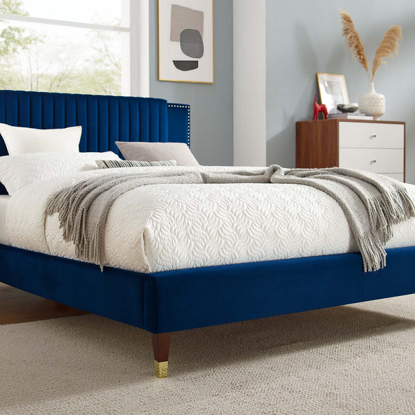 Modway Furniture Zahra Channel Tufted Performance Velvet Queen Platform Bed 0423 Navy MOD-6970-NAV