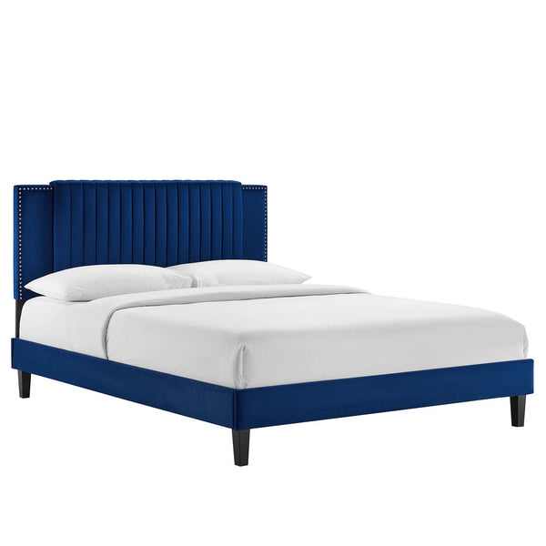 Modway Furniture Zahra Channel Tufted Performance Velvet Queen Platform Bed 0423 Navy MOD-6974-NAV