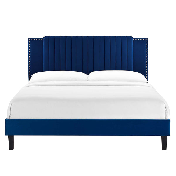 Modway Furniture Zahra Channel Tufted Performance Velvet Queen Platform Bed 0423 Navy MOD-6974-NAV