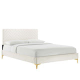 Modway Furniture Leah Chevron Tufted Performance Velvet Queen Platform Bed 0423 White MOD-6977-WHI