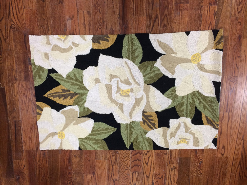 Monogram Magnolia Mon- Polypropylene Rug in Black, Multi 3ft x 6ft
