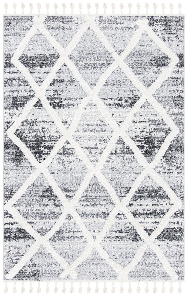 Moroccan Tassel Shag 674 Shag & Flokati Power Loomed Polypropylene Pile Rug Grey / Ivory