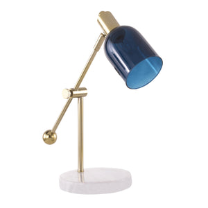 Marcel Contemporary Table Lamp in White Marble, Gold Metal and Blue Glass by LumiSource