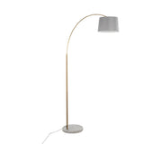 March Contemporary Floor Lamp in White Marble and Antique Brass Metal with Grey Linen Shade by LumiSource