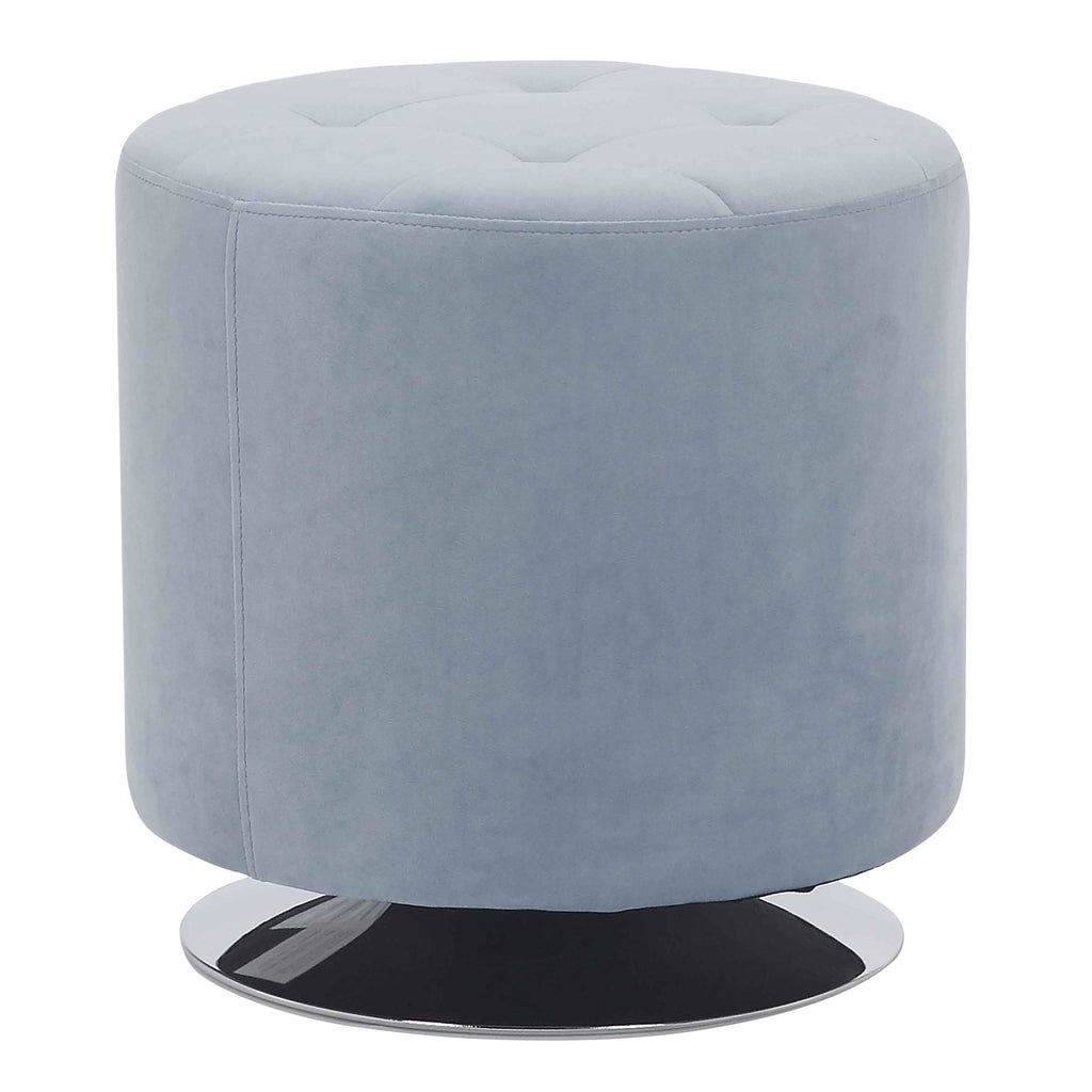 Mason Round Swivel 17" Contemporary Ottoman in Chrome Metal and Light Blue Velvet by LumiSource
