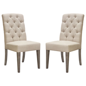 Set of Two Napa Tufted Dining Side Chairs in Sand Linen Fabric with Wood Legs in Grey Oak Finish by Diamond Sofa