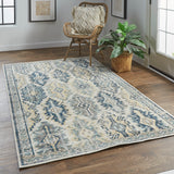 Nolan Vinatge Style Kazak Rug, River Blue/Vanilla Beige, 7ft-9in x 10ft-6in