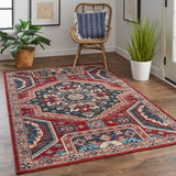 Nolan Vinatge Style Tribal Kazak Rug, True Red/River Blue, 7ft-9in x 10ft-6in