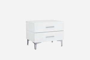 Diva Night Stand High Gloss White Chrome Handles Self-Close Drawers Stainless Steel Legs