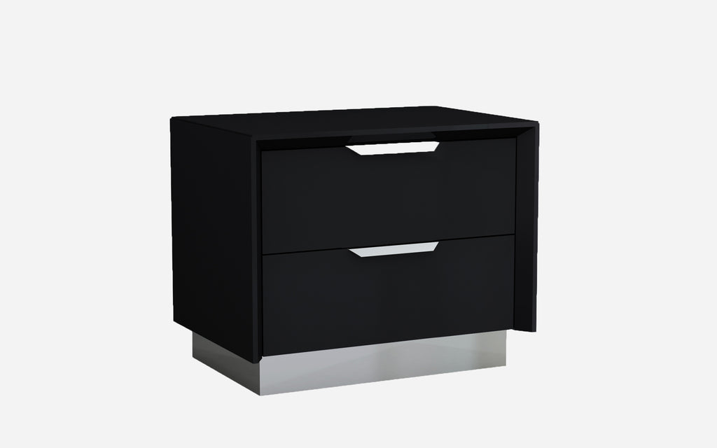 Navi Night Stand High Gloss Black With Stainless Steel Trim On The Bottom, 2 Drawers With Self-C...