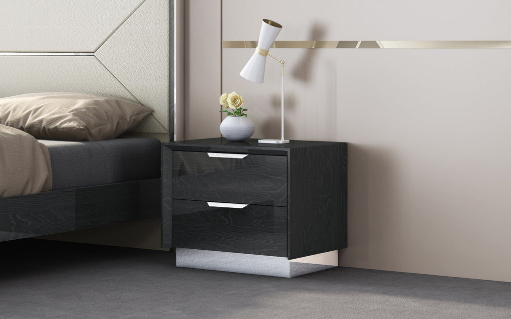 Navi Night Stand High Gloss Grey With Stainless Steel Trim On The Bottom, 2 Drawers With Self-Cl...