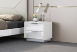 Navi Night Stand High Gloss White With Stainless Steel Trim On The Bottom, 2 Drawers With Self-C...
