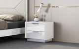 Navi Night Stand High Gloss White With Stainless Steel Trim On The Bottom, 2 Drawers With Self-C...