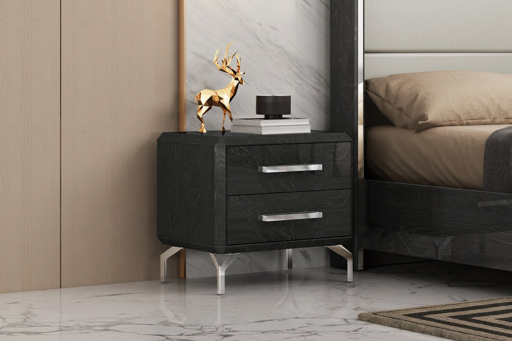 Los Angeles Nightstand, High Gloss Grey Geometric Design, Self Closing Drawers And Stainless Ste...