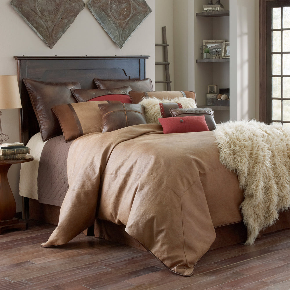 HiEnd Accents Brighton Comforter Set NS4090-FL-OC Brown Comforter: Face: 100% Polyester. Back: 100% Cotton. Filling: 100% Polyester; BedSkirt: Skirt: 100% Polyester. Decking: 100% Polyester; StandardSham: 100% Polyester 80x90x3