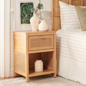Miya Night Stand - Modern Rattan Accent Table with Drawer and Open Shelf for Stylish Organization