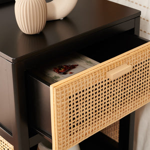 Miya Night Stand - Modern Rattan Accent Table with Drawer and Open Shelf for Stylish Organization