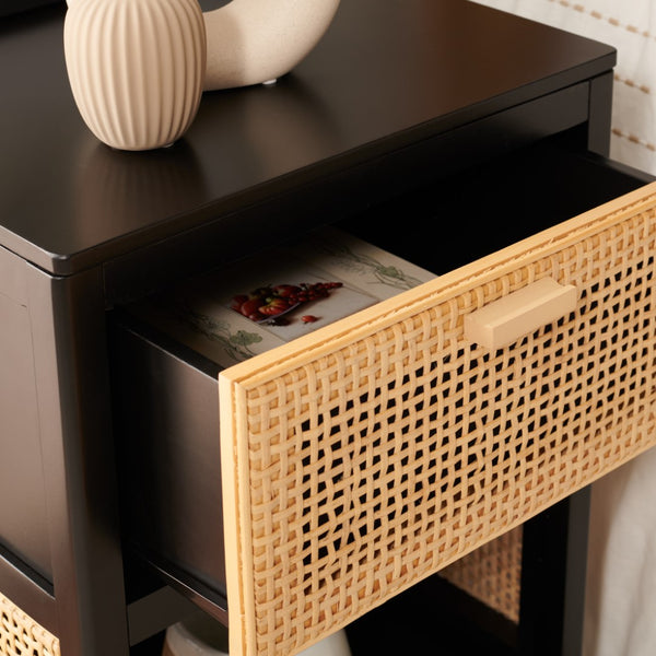 Miya Night Stand - Modern Rattan Accent Table with Drawer and Open Shelf for Stylish Organization